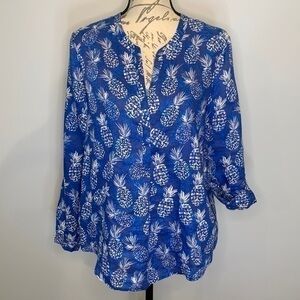Zozo linen pineapple print roll tab popover top M
